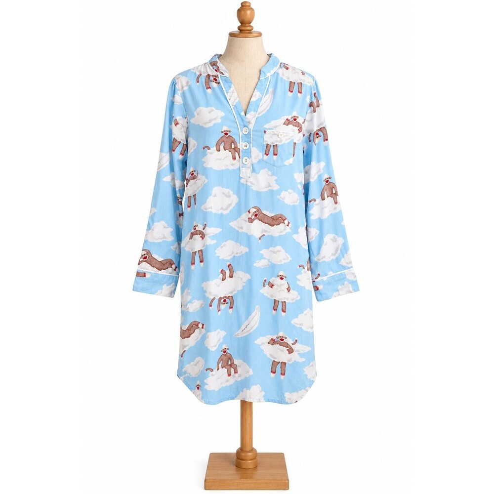 Nick & Nora Sock Monkey Cloud Sleep Shirt Nightgown Blue Cotton S